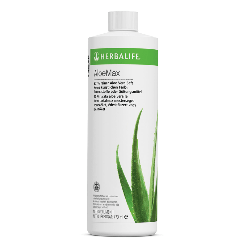 Aloe Max: 97% Aloe Vera Gel, IASC Seal, 3 Capfuls per use product image, 473 ml Aloe Vera beverage.