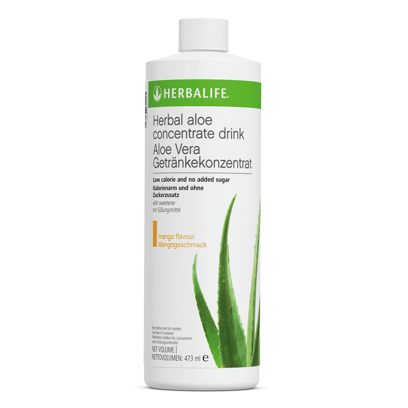 Aloe Vera Getränkekonzentrat Geschmacksrichtung Mango in 473 ml Flasche, kalorienarm und ohne Zuckerzusatz.