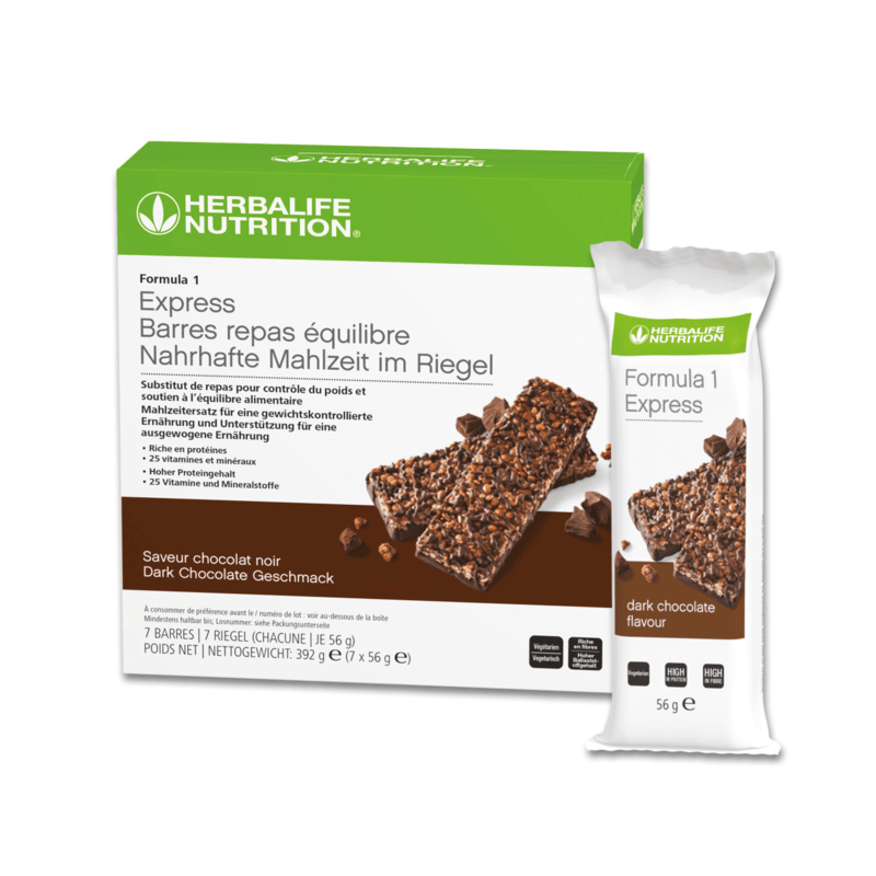Formula 1 Express Riegel Dark Chocolate box with bars, high protein meal replacement, 7 bars, 56g each.