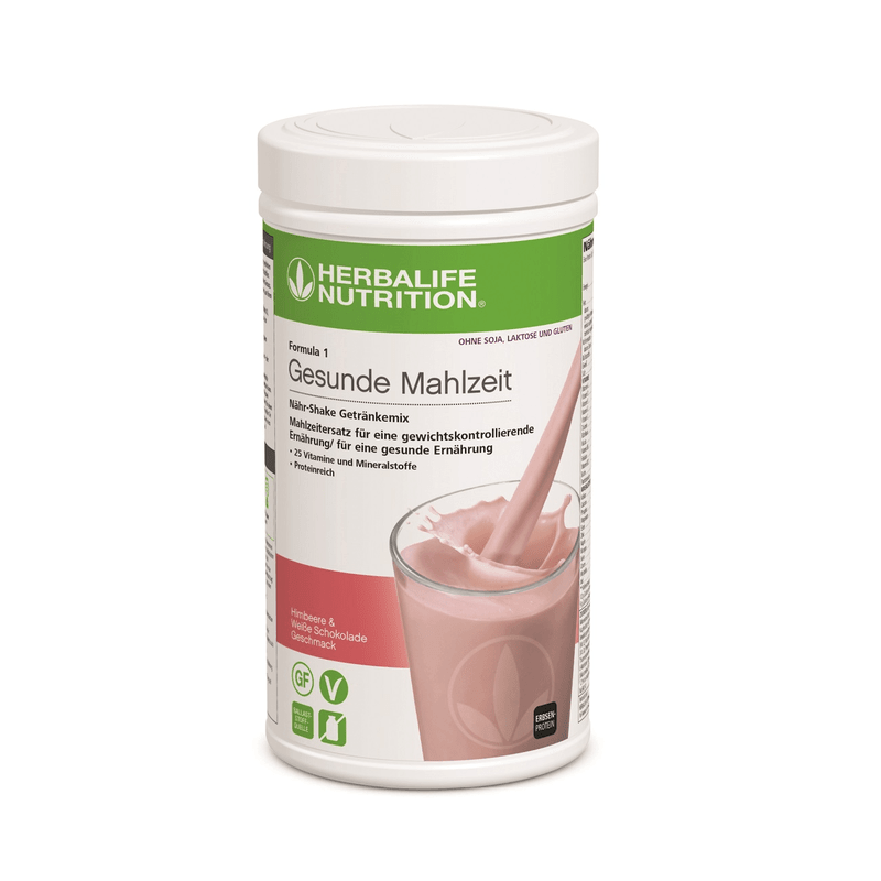 Formula 1 ohne Soja, Laktose und Gluten Himbeere & weisse schokolade Getränkemix in Verpackung mit Shake.