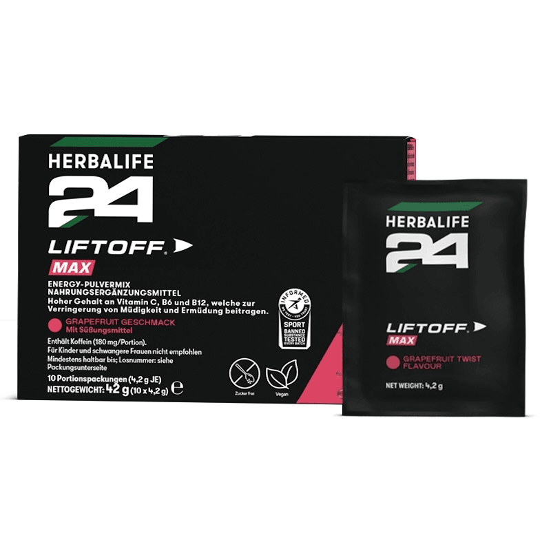 H24 LiftOff Max Grapefruit Geschmack 10 Portionspackungen, Energy-Pulvermix mit 180 mg Koffein und Vitaminen.