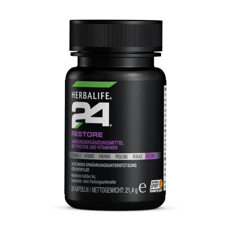 H24 Restore 30 Kapseln Nahrungsergänzungsmittel für Sportler mit Vitaminen und Protein in schwarzem Behälter.