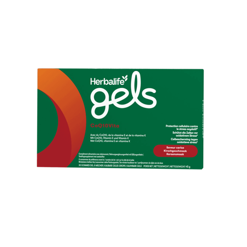 Herbalife Gels CoQ10Vita Kirsche 30 kaubare Gelee-Drops in Verpackung, unterstützt Herzgesundheit.