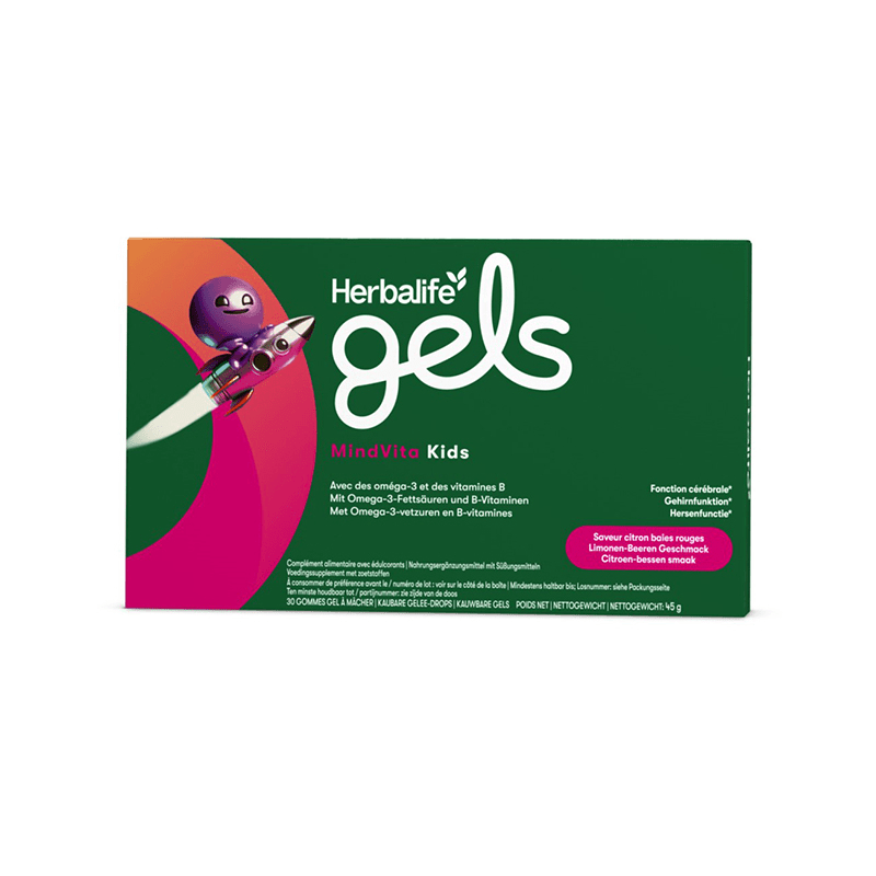 Herbalife Gels MindVita Kids Limone-Beere 30 kaubare Gelee-Drops Verpackung mit komischer Figur