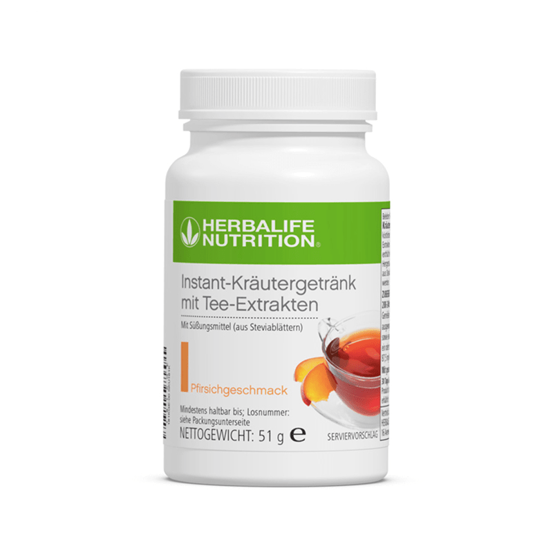 Instant-Kräutergetränk mit Tee-Extrakten in Pfirsichgeschmack, kalorienarmes Getränk von Herbalife Nutrition.