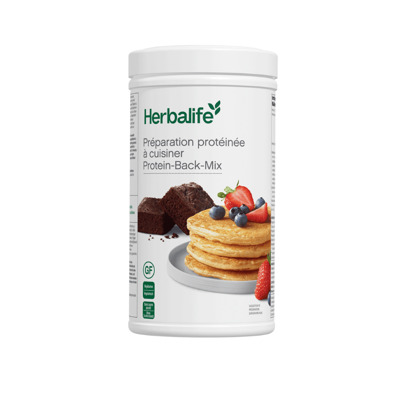 Protein Kochmischung von Herbalife in einer Verpackung mit leckeren Proteinpfannkuchen und Brownies.