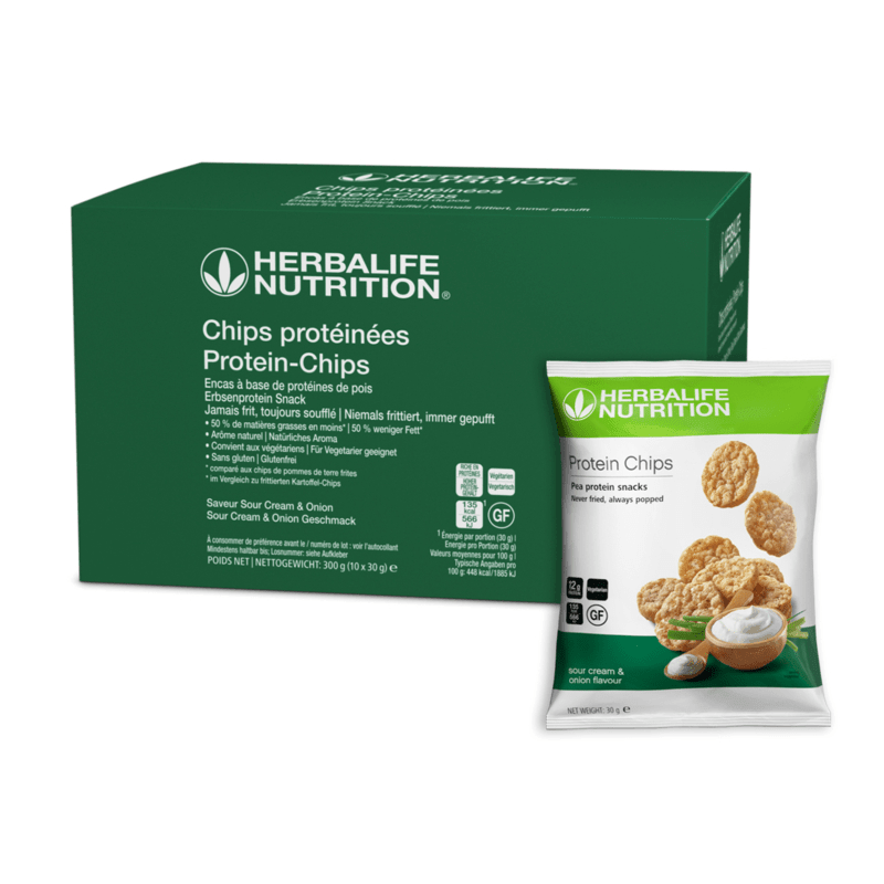 Protein-Chips 10x30g Sour Cream & Onion packaging and snack, nutritious, crispy texture, perfect for healthy lifestyle.