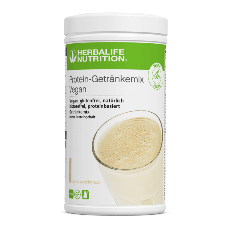 Container von Protein-Getränkemix Vegan Vanillegeschmack mit Informationen zu Inhaltsstoffen und Nährstoffen.