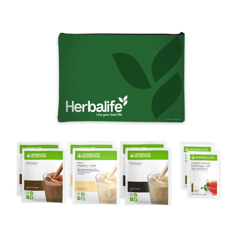 Herbalife Tasche mit Portionspackungen von Formula 1 und Teesachets für gesunde Ernährung.