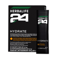 H24 Hydrate Orangegeschmack Elektrolytgetränk in 20 Portionspackungen als kalorienarme Flüssigkeitszufuhr für Sportler.