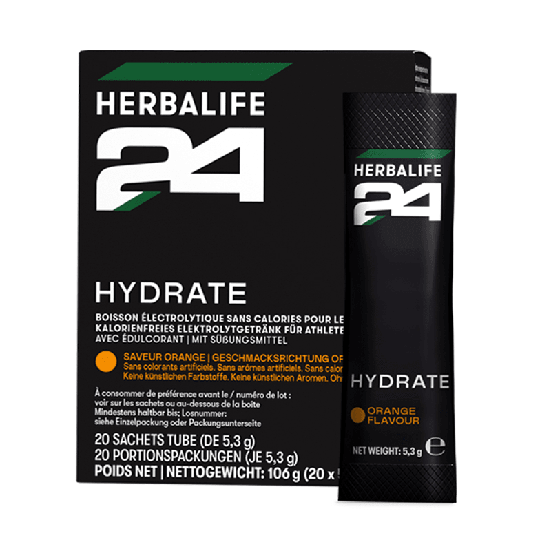 H24 Hydrate Orangegeschmack Elektrolytgetränk in 20 Portionspackungen als kalorienarme Flüssigkeitszufuhr für Sportler.