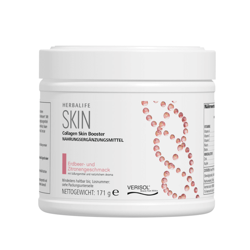 Herbalife SKIN Kollagen-Hautbooster Ernährung für deine Haut Erdbeer in weißer Dose mit Erdbeer- und Zitronengeschmack.