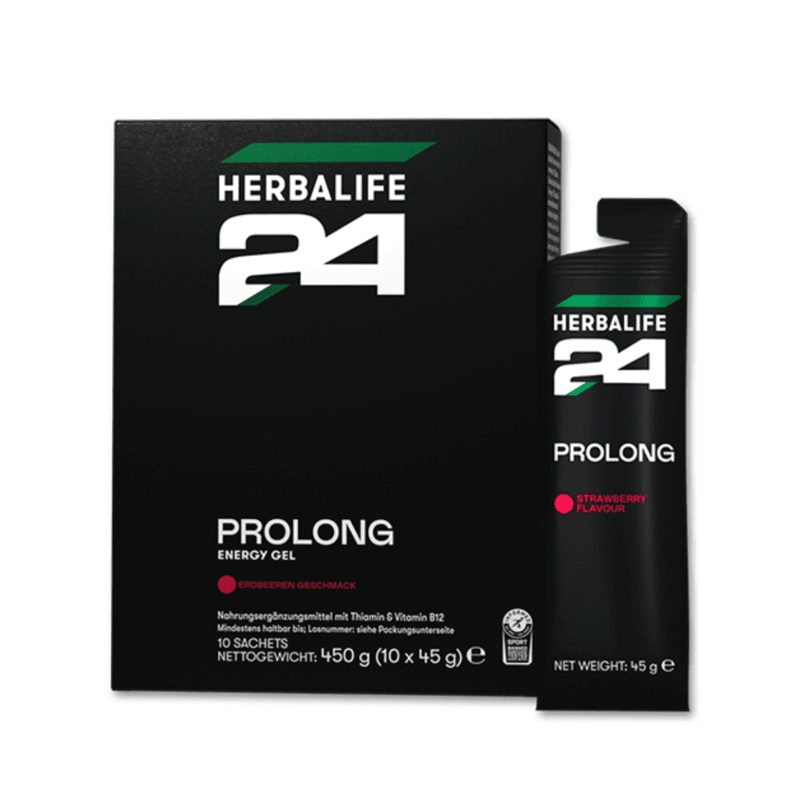 H24 Prolong Energy Gel Erdbeere in einer Verpackung mit 10 Beuteln à 45g, ideal für schnelle Energiezufuhr.