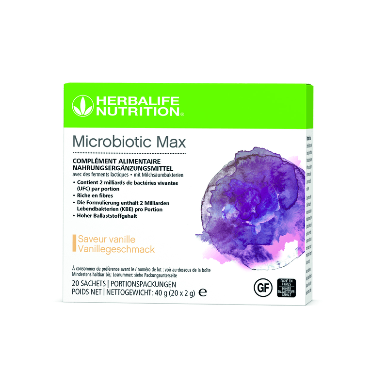 Microbiotic Max packaging featuring probiotics, prebiotic fibers, and vanilla flavor for dietary support.